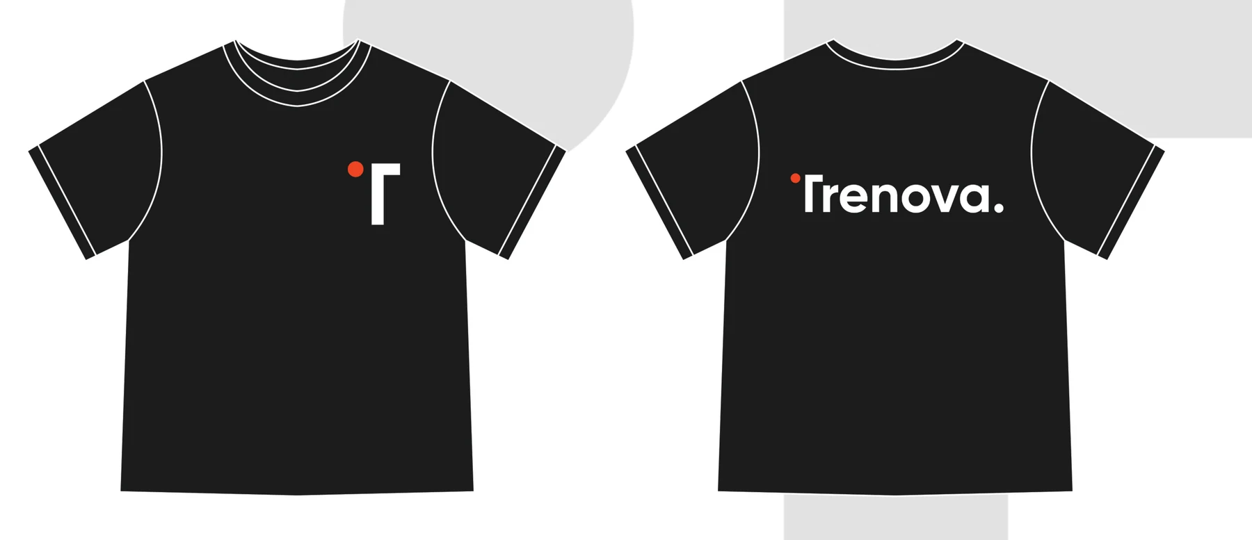 Black Trenova t-shirts: T symbol with orange dot on the chest, wordmark across the back