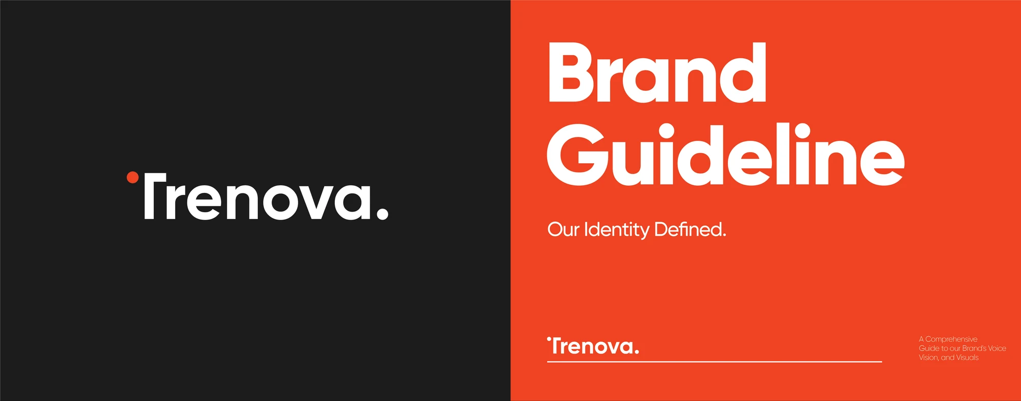 Trenova brand guideline cover — white wordmark on charcoal beside bold orange panel reading Brand Guideline