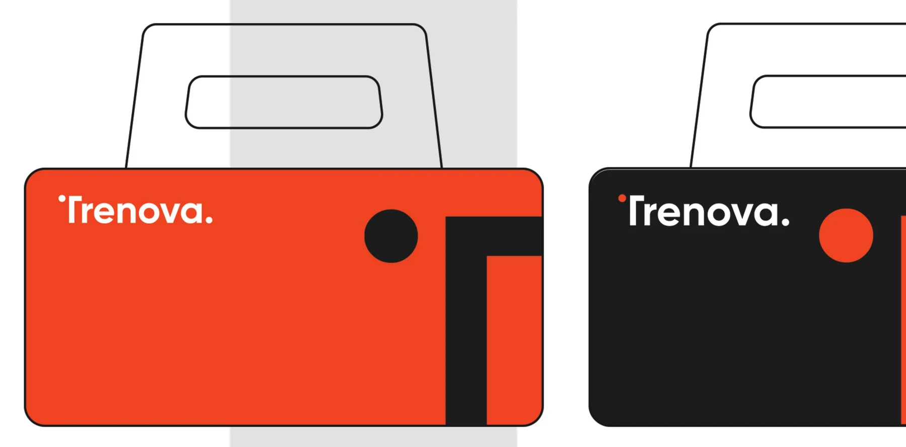 Trenova branded packaging bags — one orange with dark geometry, one charcoal with orange dot