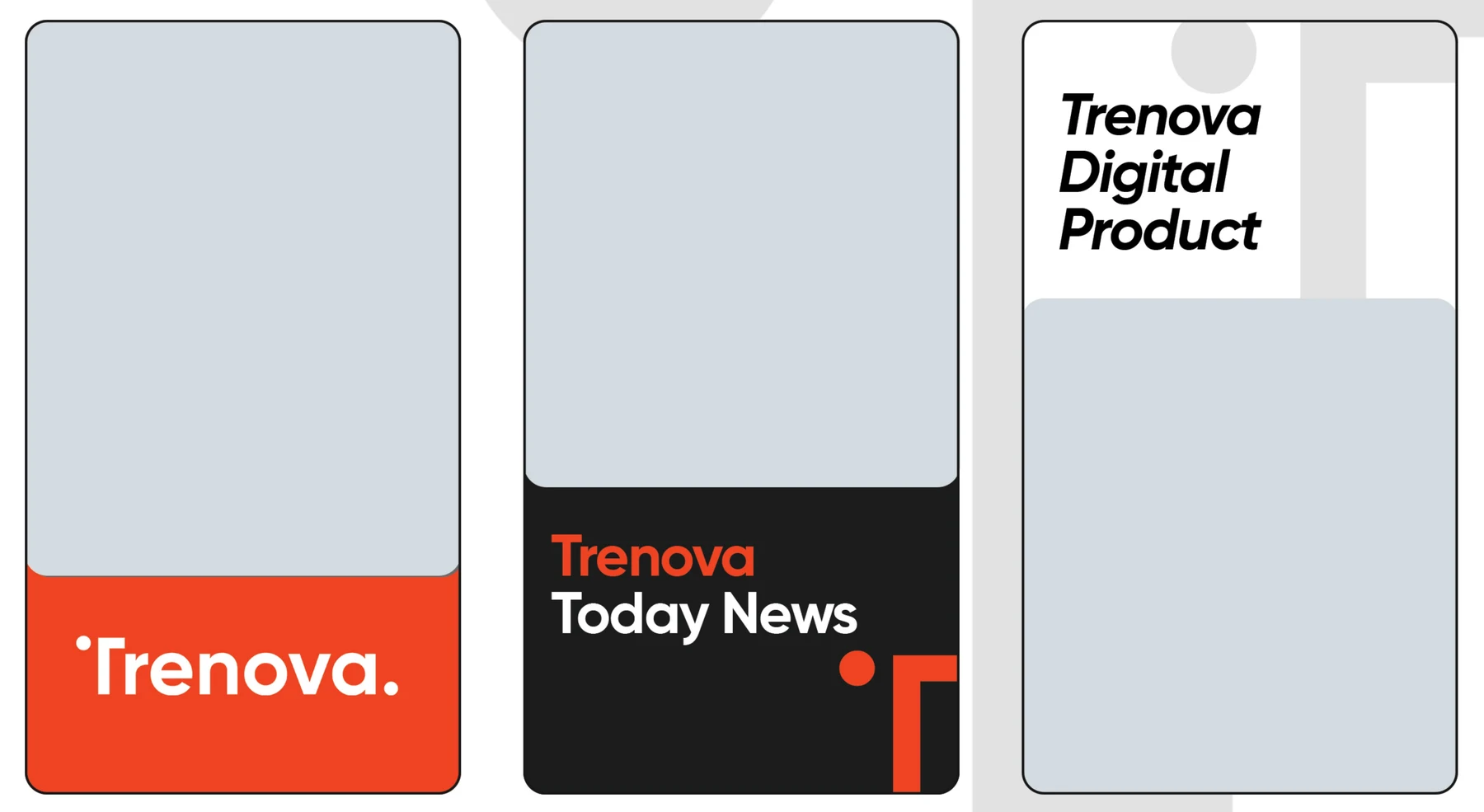 Three Trenova social media layouts: orange brand card, Trenova Today News dark card, and Digital Product card