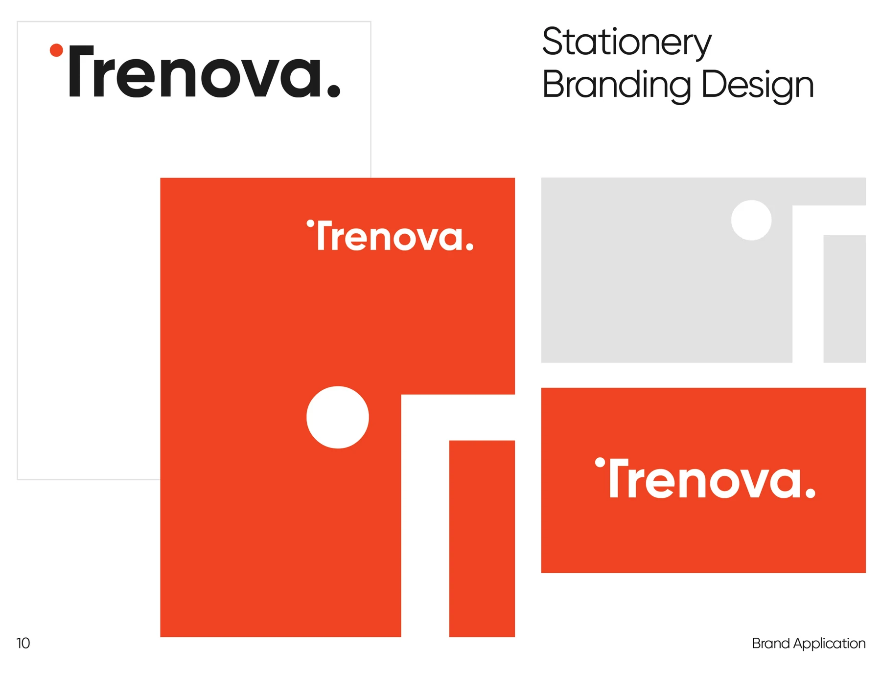 Trenova stationery system: white letterhead, orange folder with geometric shapes, and orange business card