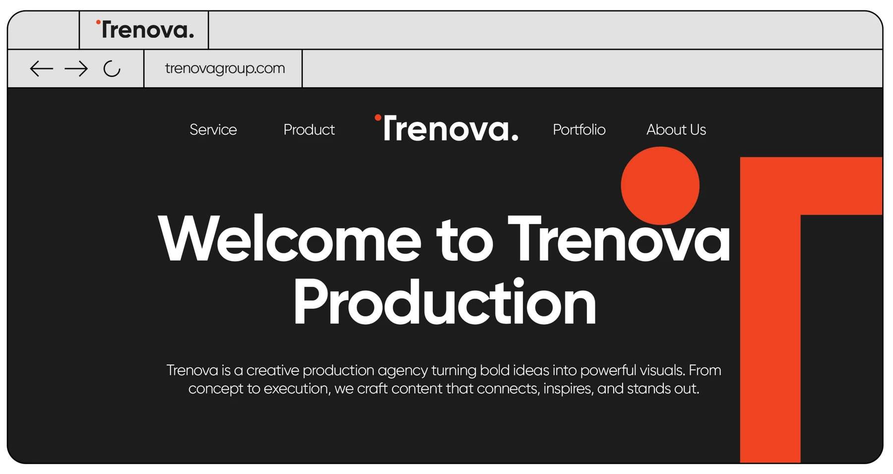 Trenova website interface: dark hero with Welcome to Trenova Production headline and orange geometric T